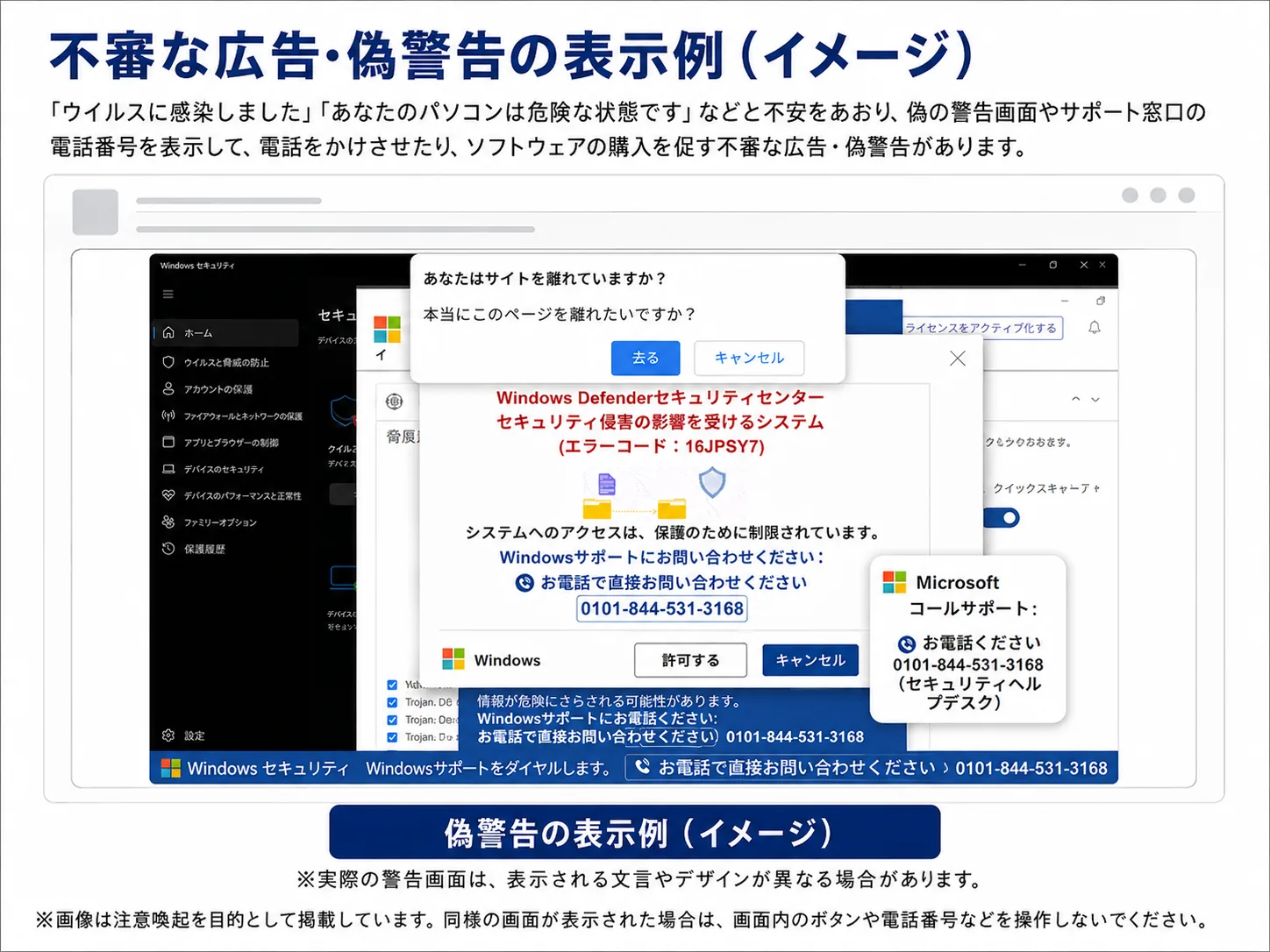 広告のリンク先で表示された偽のセキュリティ警告の例（イメージ）