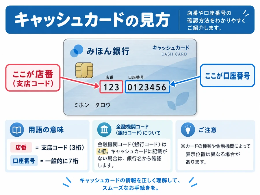 キャッシュカードの店番（支店コード）と口座番号の見方。3桁の店番と7桁の口座番号の位置を図で解説